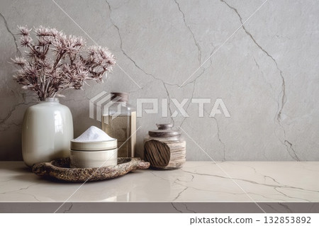 Elegant Spa Still Life with Serene Aesthetic and Natural Elements 132853892