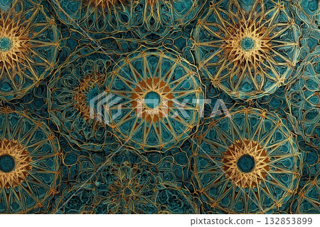 Elegant Teal and Gold Geometric Mandala Pattern for Design 132853899
