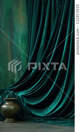 Elegant Teal Velvet Drapes with Antique Vase Composition Elegant Teal Velvet Drapes with Antique Vase Composition 132853916