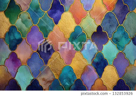 Elegant Watercolor Quatrefoil Pattern with Gold Accents 132853926