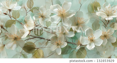 Elegant White Floral Design with Soft Leaves and Branches 132853929