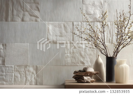 Elegant White Textured Wall with Floral Arrangement Decor 132853935