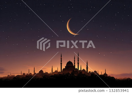 Evening City Silhouette with Crescent Moon and Stars 132853941