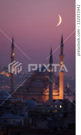 Evening Crescent Moon Over Illuminated Istanbul Mosque Evening Crescent Moon Over Illuminated Istanbul Mosque 132853942