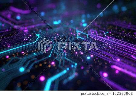 Futuristic Circuit Board Design with Glowing Lines and Bokeh Futuristic Circuit Board Design with Glowing Lines and Bokeh 132853968