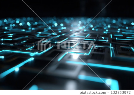 Futuristic Circuit Board with Glowing Blue Lines and Bokeh Futuristic Circuit Board with Glowing Blue Lines and Bokeh 132853972