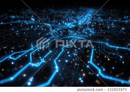 Futuristic Circuit Board with Glowing Blue Lines and Dots 132853973