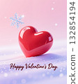 Red heart in snow with snowflake and sparkles, pink background. 132854194