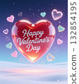 Glowing red heart with Happy Valentines Day message surrounded by hearts. 132854195