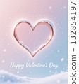 Heart-shaped frame with snow, pastel background, and Happy Valentines Day text. 132854197