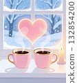 Two cups of coffee on a snowy windowsill with heart shape. 132854200