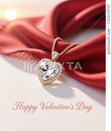 Heart shaped diamond pendant on red fabric. 132854205