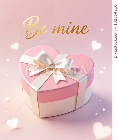 Pink heart gift box with bow and Be mine text. Pink heart gift box with bow and Be mine text. 132854210