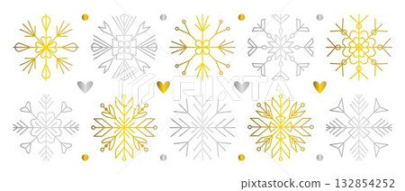 Gold and silver snowflake set, shiny gradient golden and chrome snow flake collection, decorative vector symbols in various shapes, glossy line winter cliparts Gold and silver snowflake set, shiny gradient golden and chrome snow flake collection, decorative vector symbols in various shapes, glossy line winter cliparts 132854252