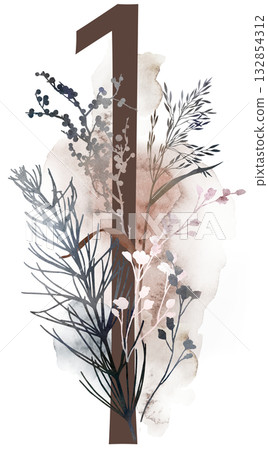Number 1 with watercolor autumn leaves and grass in borwn tones, winter wedding illustration Number 1 with watercolor autumn leaves and grass in borwn tones, winter wedding illustration 132854312