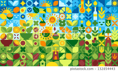 Organic product geometric food. Vector Fruits, vegetables, leaves, oil, eco set. Block pattern, retro abstract, and Minimalist simple nature. Wallpaper or packaging design, square, garish form, cubism 132854443