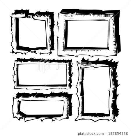 Different styles of empty picture frames in a creative design layout suitable for art projects or presentations Different styles of empty picture frames in a creative design layout suitable for art projects or presentations 132854538