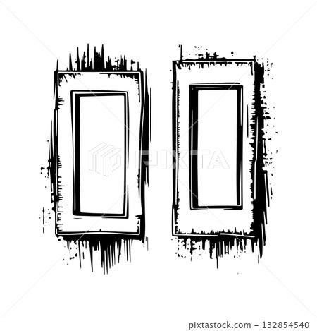 Empty frames with abstract black brush strokes on a white background, showcasing artistic design and creativity in modern art 132854540