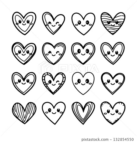 Various cute hearts with smiling faces in black and white design for fun decoration or celebration Various cute hearts with smiling faces in black and white design for fun decoration or celebration 132854550