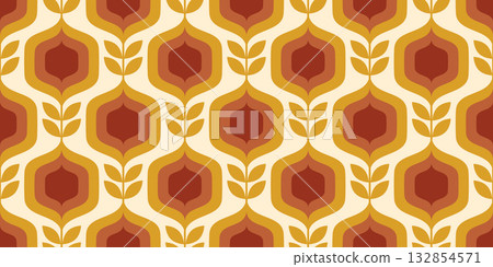 Retro seamless pattern with flowers. Vintage geometric background. Groovy abstract floral vector wallpaper. 70s modern trendy print for fabric and textile. 132854571