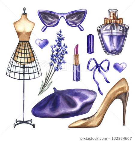 A purple set of fashionable women's accessories. Hand-drawn watercolor illustrations. Perfume bottle, lavender, glasses, lipstick, women's shoes, a French beret, and a mannequin. Beauty and fashion. A purple set of fashionable women's accessories. Hand-drawn watercolor illustrations. Perfume bottle, lavender, glasses, lipstick, women's shoes, a French beret, and a mannequin. Beauty and fashion. 132854607