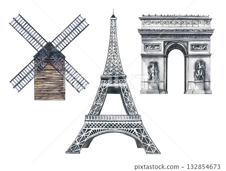 A collection of French architectural landmarks, including the Eiffel Tower, Arc de Triomphe, and the Moulin de la Galette mill in Paris. Hand-drawn watercolor illustrations. Landmarks of France. A collection of French architectural landmarks, including the Eiffel Tower, Arc de Triomphe, and the Moulin de la Galette mill in Paris. Hand-drawn watercolor illustrations. Landmarks of France. 132854673