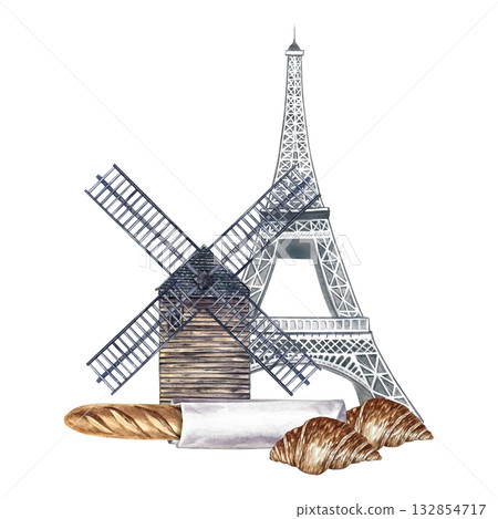 A set of French pastries. French baguette and croissant, the Eiffel Tower, and the Moulin de la Galette. Hand-painted watercolor illustration. For menus, labels and packaging, banners, and decor. A set of French pastries. French baguette and croissant, the Eiffel Tower, and the Moulin de la Galette. Hand-painted watercolor illustration. For menus, labels and packaging, banners, and decor. 132854717