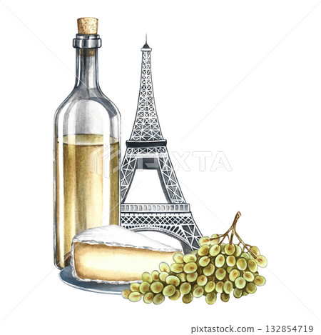 A bottle of white wine, a glass, a bunch of grapes, and cheese against the background of the Eiffel Tower. Hand-drawn watercolor illustration. For labels, banners and posters, restaurant and bar menus A bottle of white wine, a glass, a bunch of grapes, and cheese against the background of the Eiffel Tower. Hand-drawn watercolor illustration. For labels, banners and posters, restaurant and bar menus 132854719