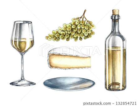 Wine set. A bottle of white wine, a glass, a bunch of grapes, and cheese. Hand-drawn watercolor illustration. Isolated. Suitable for packaging and labels, banners and posters, restaurant and bar menus 132854721