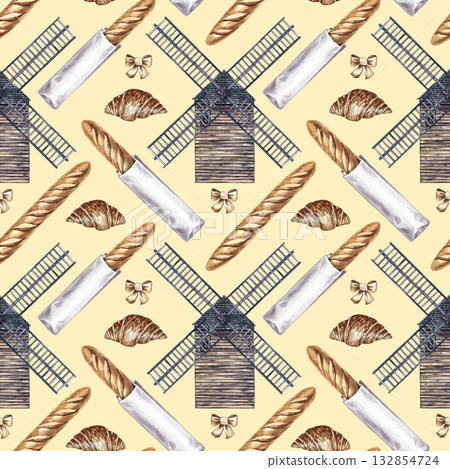 Seamless pattern with French pastries. French baguette and croissant, windmill. Hand-drawn watercolor illustration. Elements of French cuisine. For menus, labels and packaging, textiles and decor. Seamless pattern with French pastries. French baguette and croissant, windmill. Hand-drawn watercolor illustration. Elements of French cuisine. For menus, labels and packaging, textiles and decor. 132854724