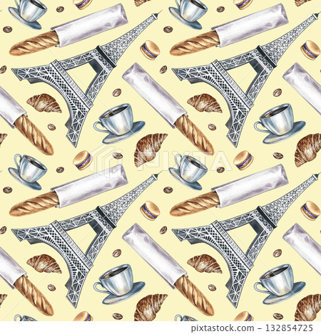 Seamless pattern with French pastries. Hand-drawn watercolor illustration. French baguette, almond biscuit, croissant, Eiffel Tower. For cafe design and decor, menu, packaging paper, textile Seamless pattern with French pastries. Hand-drawn watercolor illustration. French baguette, almond biscuit, croissant, Eiffel Tower. For cafe design and decor, menu, packaging paper, textile 132854725
