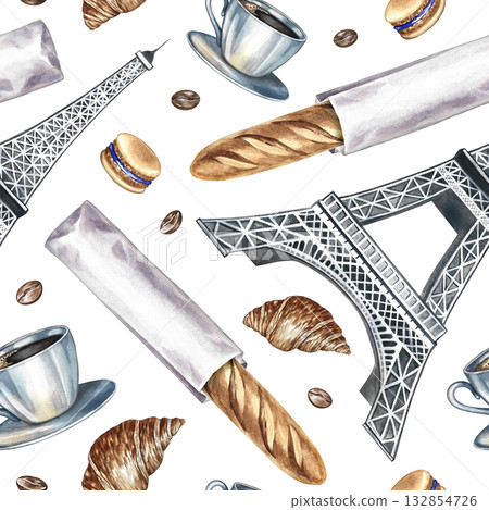 Seamless pattern with French pastries. Hand-drawn watercolor illustration. French baguette, almond biscuit, croissant, Eiffel Tower. For cafe design and decor, menu, packaging paper, textile 132854726