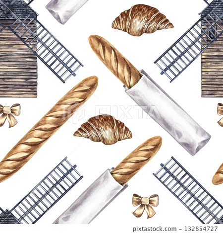 Seamless pattern with French pastries. French baguette and croissant, windmill. Hand-drawn watercolor illustration. Elements of French cuisine. For menus, labels and packaging, textiles and decor. Seamless pattern with French pastries. French baguette and croissant, windmill. Hand-drawn watercolor illustration. Elements of French cuisine. For menus, labels and packaging, textiles and decor. 132854727