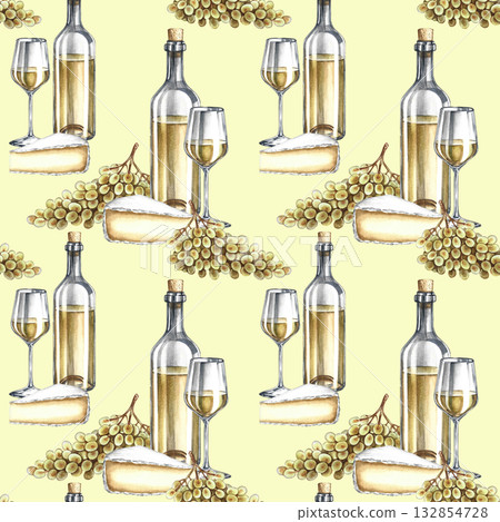 Seamless wine pattern. A bottle of white wine, a glass, a bunch of grapes, and cheese. Hand-drawn watercolor illustration. For packaging and labels, textiles and wallpaper, restaurant and bar menus. Seamless wine pattern. A bottle of white wine, a glass, a bunch of grapes, and cheese. Hand-drawn watercolor illustration. For packaging and labels, textiles and wallpaper, restaurant and bar menus. 132854728