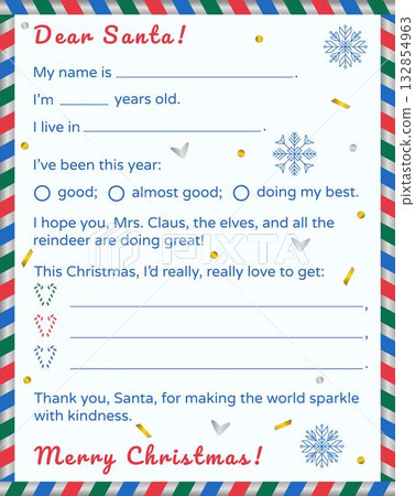 Christmas letter to Santa Claus. Kids postcard with a wishlist. Vector template with gold and silver decorative elements - snowflakes, candy canes, hearts, confetti 132854963