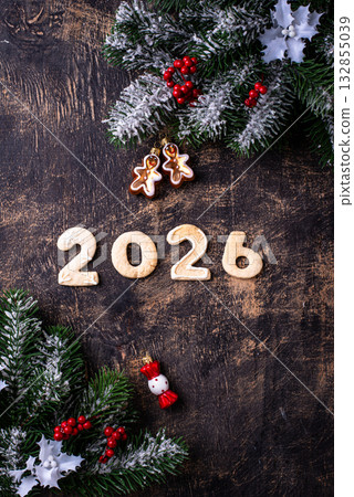 Festive New Year's cookies in the shape of 2026 132855039