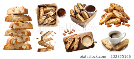 Set of classic Italian almond Biscotti cantucci, nut crunchy twice-baked cookie biscuit, takeaway box, serve wood board, with coffee, pile stack broken, transparent cutout PNG. Many different Mockup	 132855166