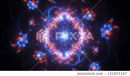Symmetrical fractal light explosion with glowing blue and red elements. Symmetrical fractal light explosion with glowing blue and red elements. 132855167