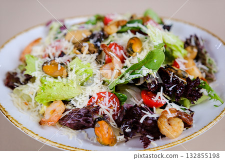 Shrimp salad cheese caesar salad shrimp parmesan cheese tomato sauce 132855198