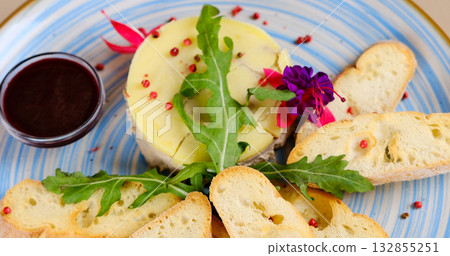 pate croutons Chicken liver pate with crunchy baguette jelly sauce isolated on white background. Delicious duck or goose liver spread or foie with croutons on elegant restaurant plate top view 132855251