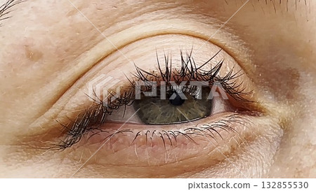 Focus on right green eye of attractive girl blinking and looking into camera. Portrait of upset female face. Sorrowful facial expression of young woman. Unhappy sight of beautiful lady. Close up Focus on right green eye of attractive girl blinking and looking into camera. Portrait of upset female face. Sorrowful facial expression of young woman. Unhappy sight of beautiful lady. Close up 132855530