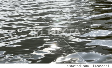 Scenery surface of pond illuminated by sun at summertime. Calm view on sea with small waves at sunny day. Beautiful summer nature landscape. Concept of tranquility scene. Slow motion Scenery surface of pond illuminated by sun at summertime. Calm view on sea with small waves at sunny day. Beautiful summer nature landscape. Concept of tranquility scene. Slow motion 132855531