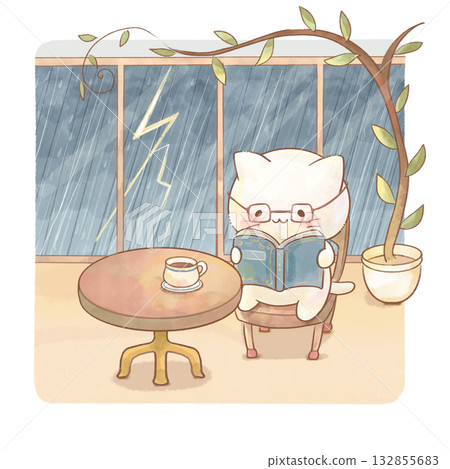 Watercolor illustration of a cat with glasses reading a book indoors on a rainy day, educational material for children immersed in their own world, developmental disorders, mental health 132855683