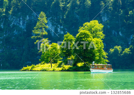 Konigssee Lake, Boat and Christlieger Island. Bavaria, Germany Konigssee Lake, Boat and Christlieger Island. Bavaria, Germany 132855686