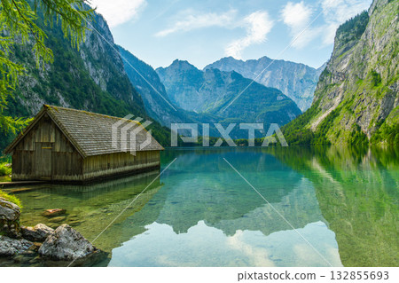 Obersee Lake, Fischunkelalm Wooden Cabin and Mountains. Bavaria, Germany Obersee Lake, Fischunkelalm Wooden Cabin and Mountains. Bavaria, Germany 132855693