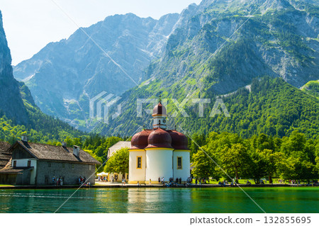 Konigssee Lake and Bartholomew Church. Bavaria, Germany Konigssee Lake and Bartholomew Church. Bavaria, Germany 132855695