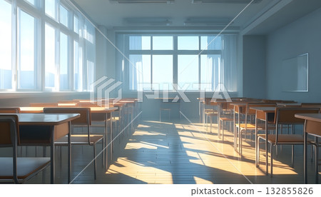 Bright modern classroom with neat desk rows. Bright modern classroom with neat desk rows. 132855826