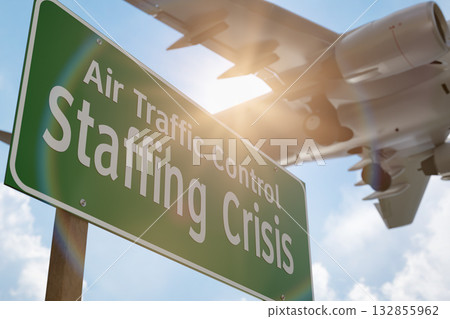 Air Traffic Control Staffing Crisis Green Road Sign with Airplane Above. 132855962
