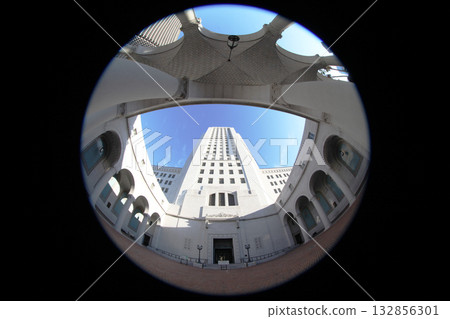 Fisheye View looking up from the Courtyard of the Los Angeles City Hall, California Fisheye View looking up from the Courtyard of the Los Angeles City Hall, California 132856301