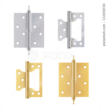 Golden door hinges construction hardware. Realistic set of gold tools for joint gates and windows metal hinges for house and furniture. vector Golden door hinges construction hardware. Realistic set of gold tools for joint gates and windows metal hinges for house and furniture. vector 132856556